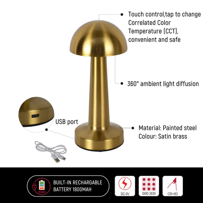 Rechargeable Steel Mushroom Table Lamp | Bedside Lamp - Satin nickel.